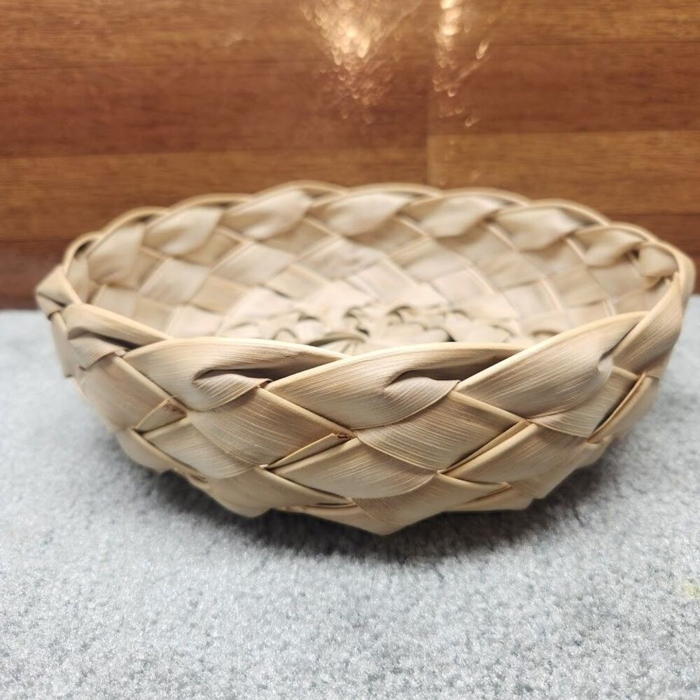 Handwoven Frond Basket Round Natural Fiber Braided Rustic Farmhouse Boho Decor